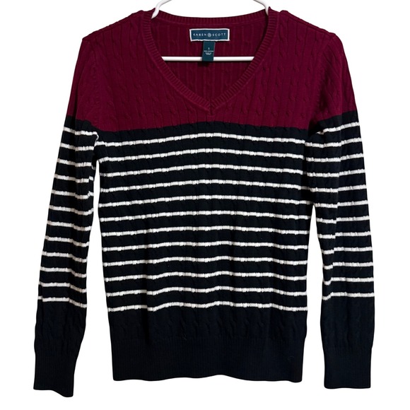 Karen Scott Sweaters - Karen Scott Womens Small Cable Knit V-Neck Sweater Burgundy Black Striped Cotton